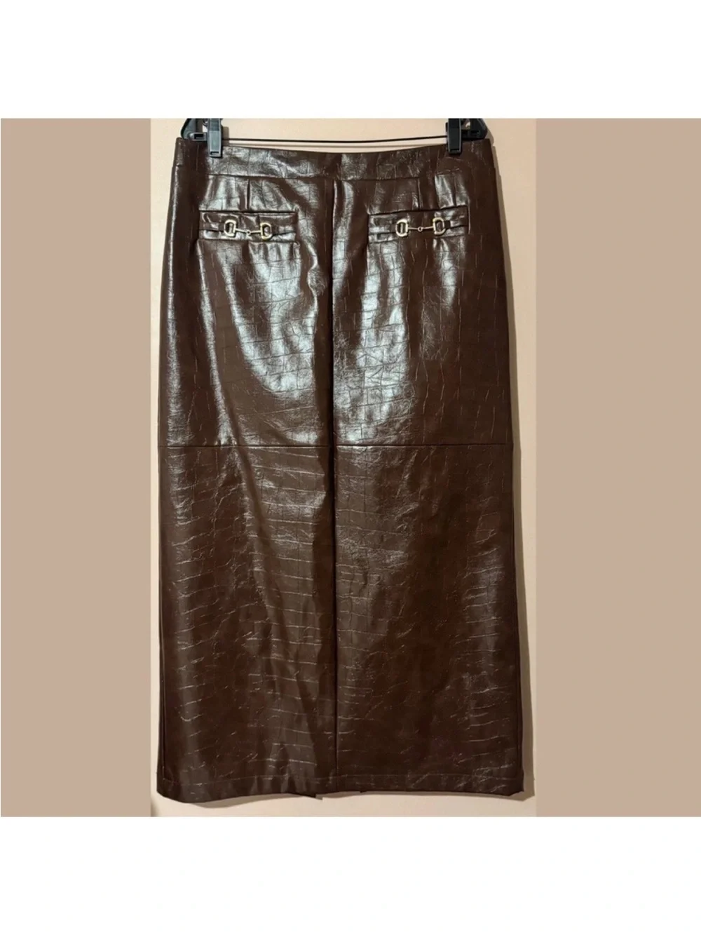Avec Les Filles Brown Chocolate Faux Leather Buckle Detail Maxi Skirt / Vest Set